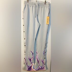 Light Gray Unisex Jogger Pants with Purple Flame Detail (M) 16”-20” waist